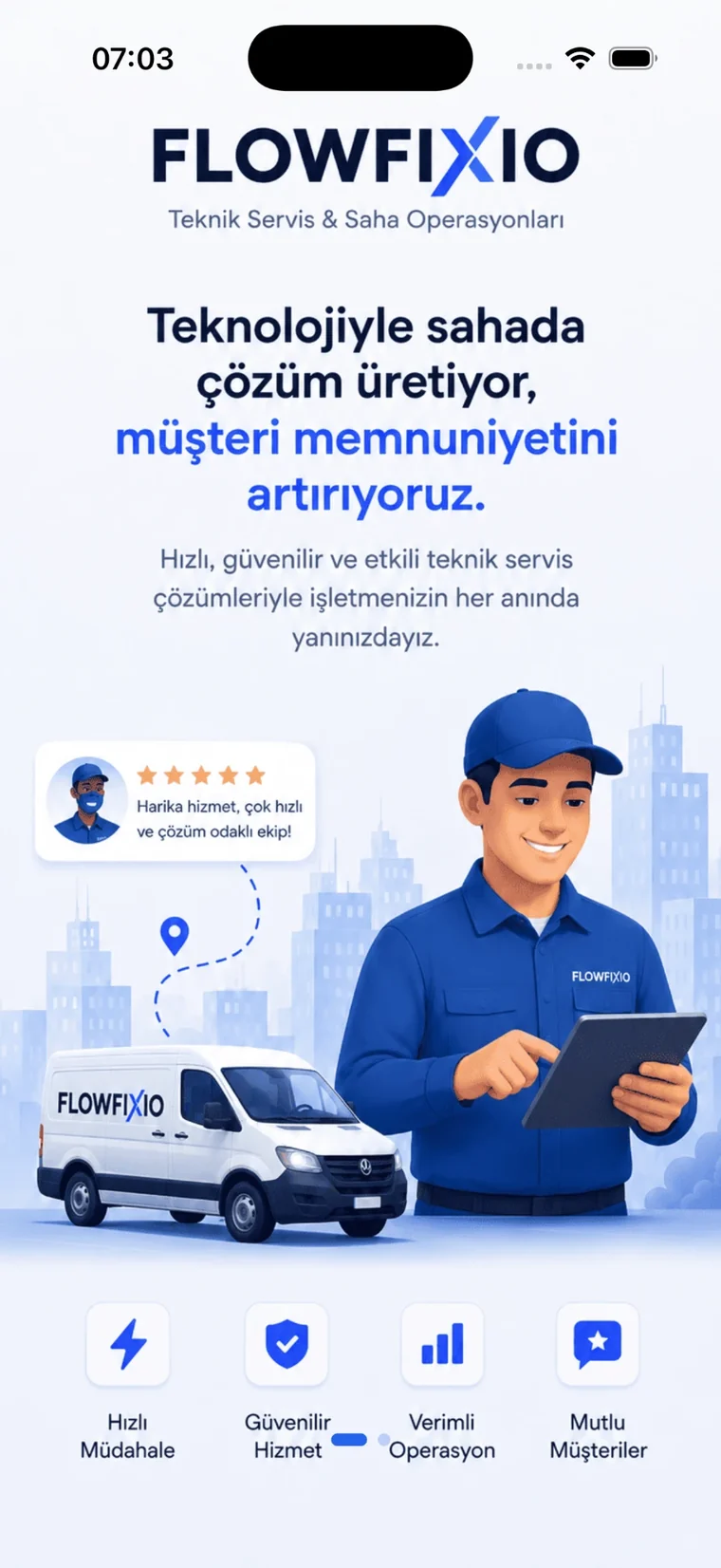 Flowfixio mobil uygulaması — karşılama ekranı